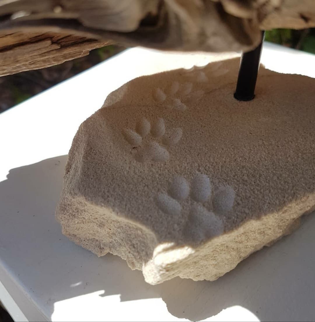Animal footprints carved on the stone of the base.