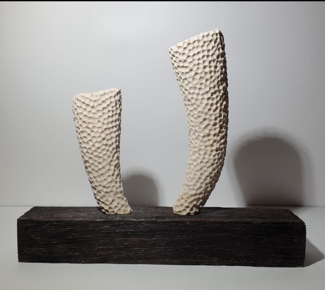 Front view of the sculpture "Corals" on a wooden base.