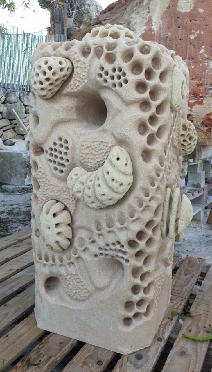 Side view of the sculpture "Biodiversity" finished and ready to be colonized by insects and small arachnids.