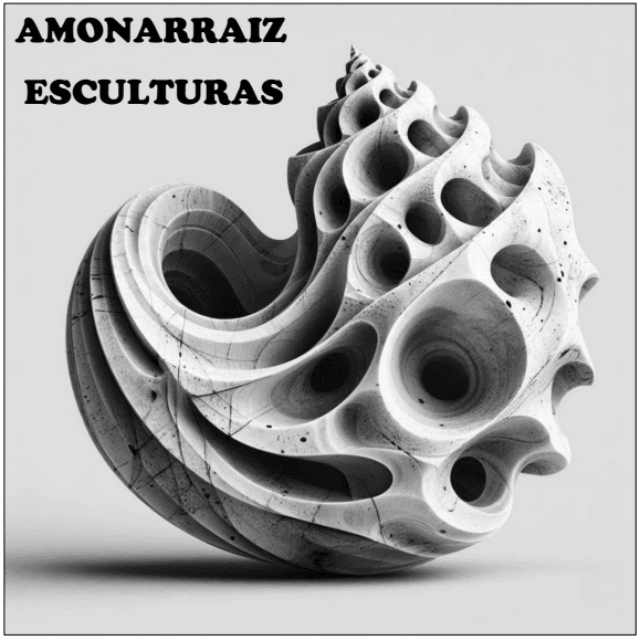 Logo des Bildhauers Amonarraiz. Geschnitzte Steinskulptur