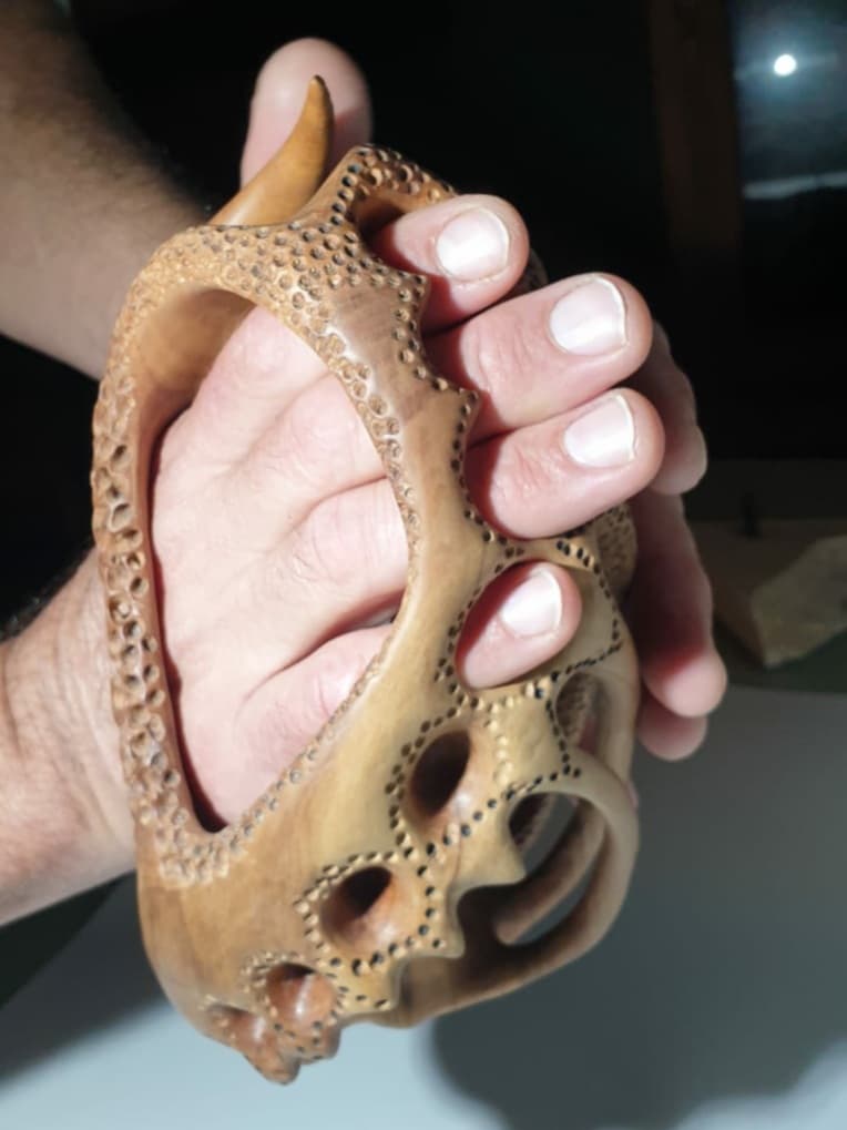 Detail of the insertion of the fingers of the right hand in the holes intended for them.