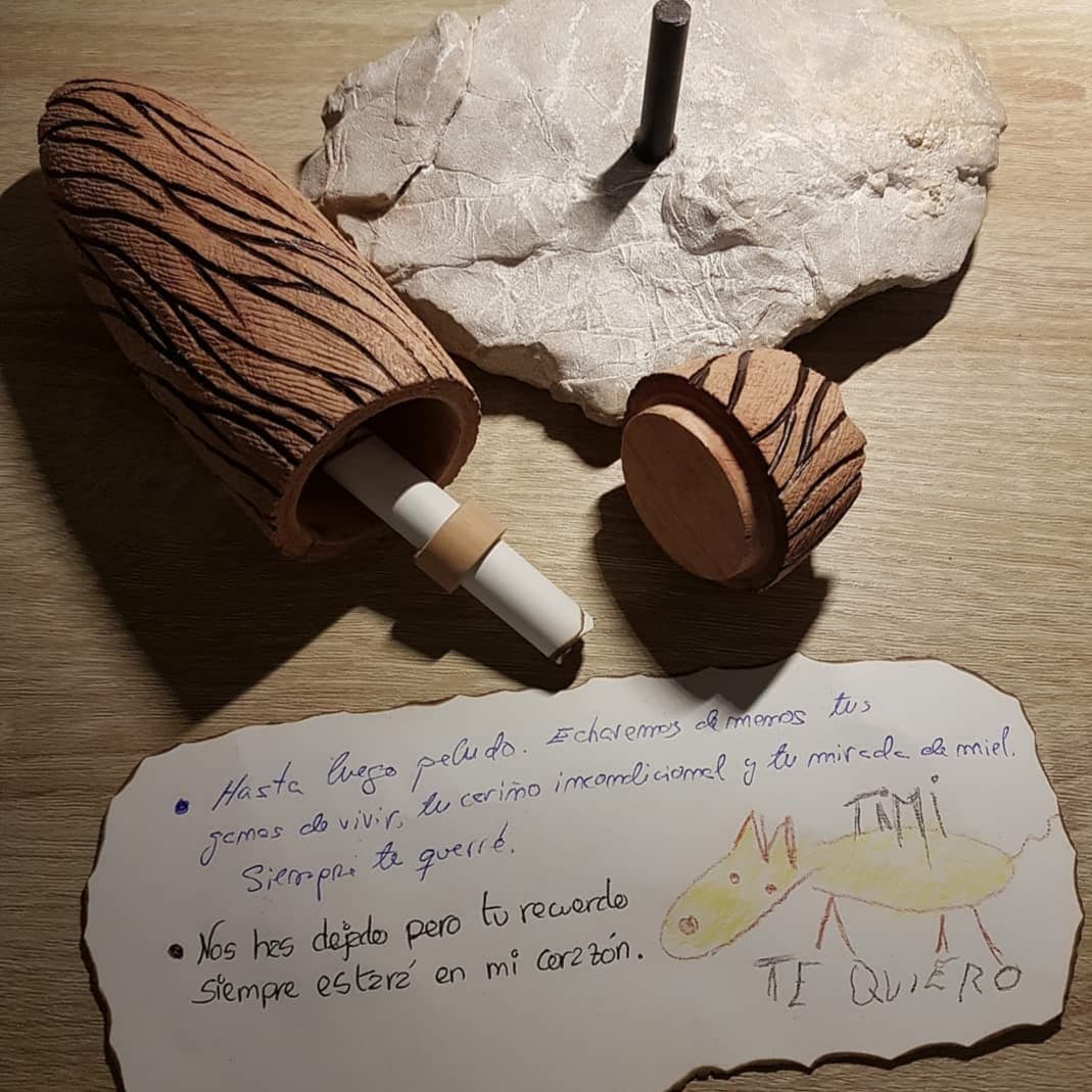 Vista de l'urna "Pelos" oberta amb el seu paper i llaç per escriure les dedicatòries.