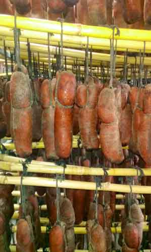 Organic semi-curly sobrassada hung in a dryer for curing