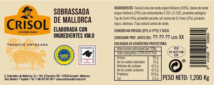 Etiqueta cordill bossa envasada en atmosfera protectora