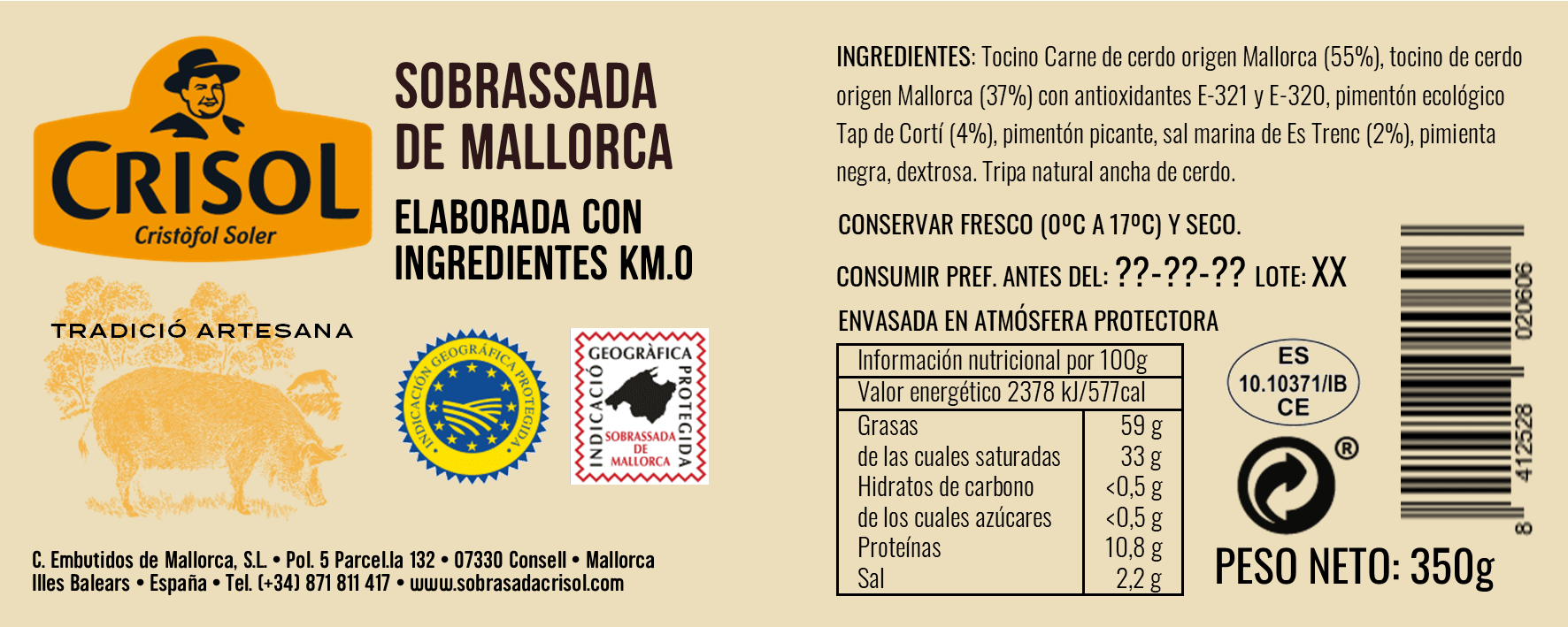 Etiqueta cordill bossa envasada en atmosfera protectora