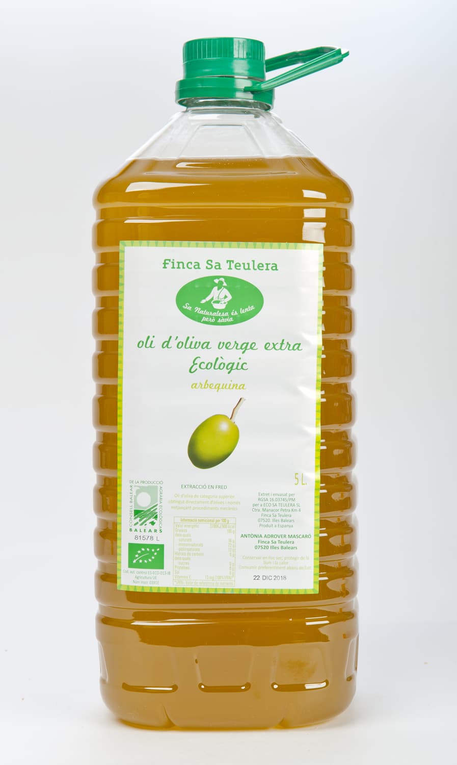 Bild einer 5-Liter-Flasche Bio-Olivenöl extra natives Olivenöls (Arbequina).