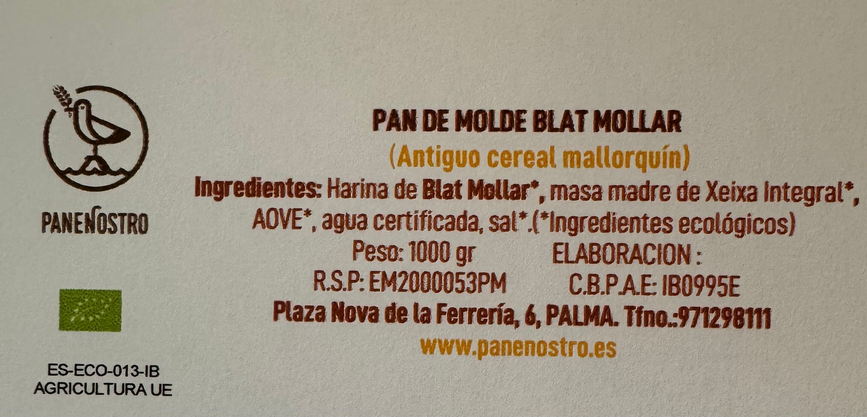Ingredients del Pa de Blat Mollar Panenostro