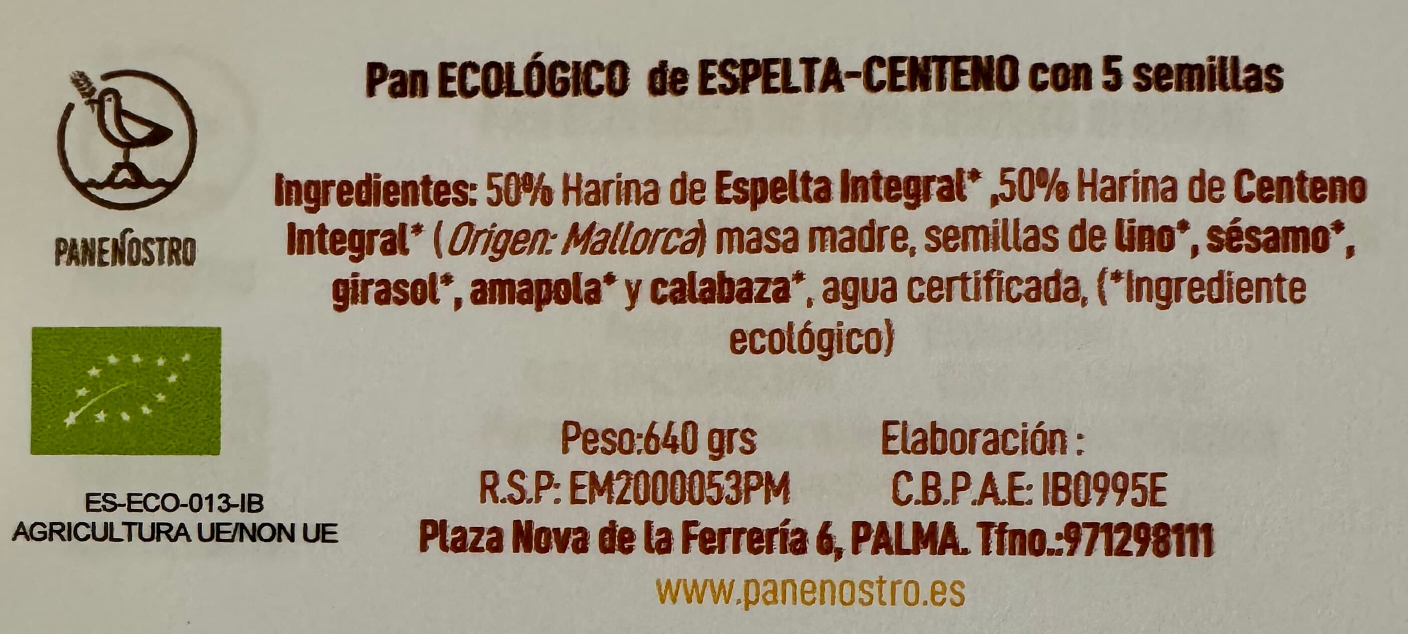Ingredientes Pan 50% Espelta-50% Centeno con 5 semillas 