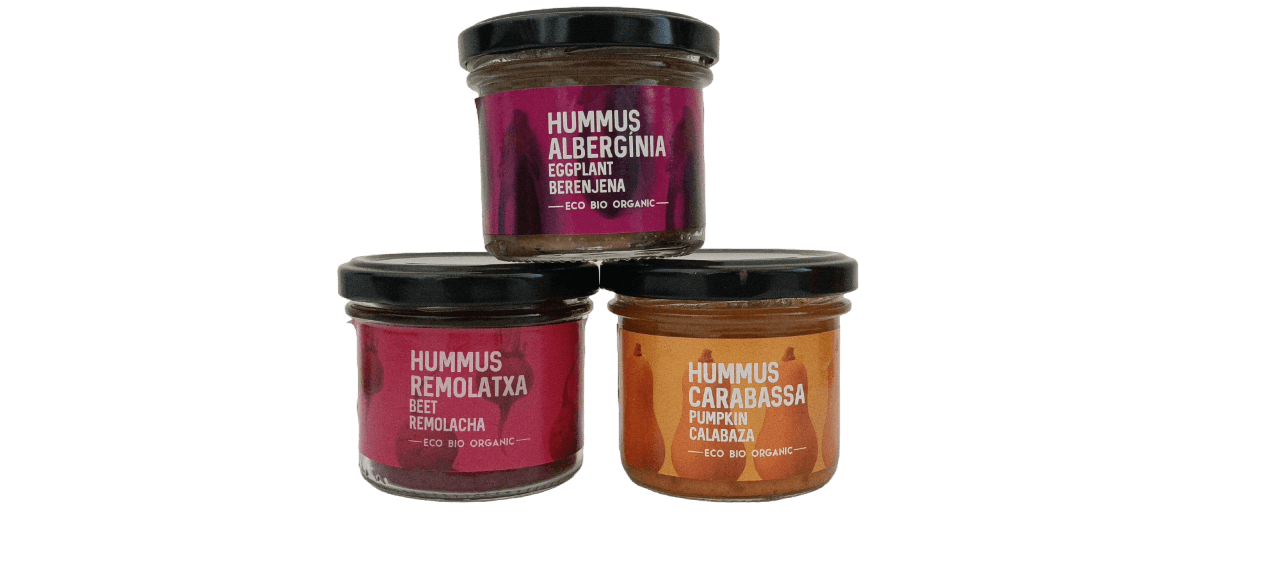 Pack hummus ecològics. Albergínia, carbassa, remolatxa. 3 x 100 grams