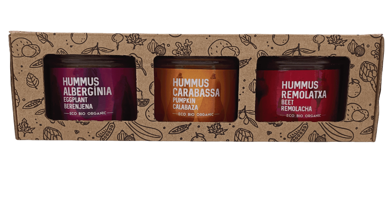 Pack hummus ecològics. Albergínia, carbassa, remolatxa. 3 x 100 grams