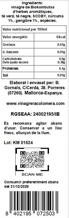 Contraetiqueta de Vinagre de kombucha con especias 250ml