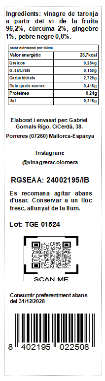Imatge d'Etiqueta Vinagre de taronja 250ml