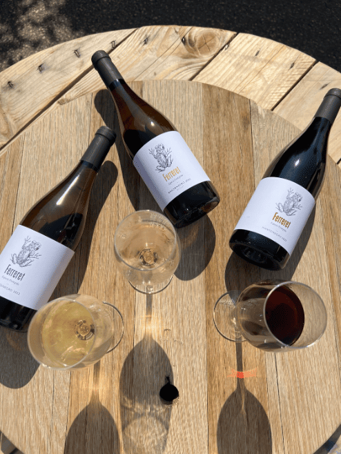 Imagen de tres botellas de vino y tres copas sobre mesa rústica