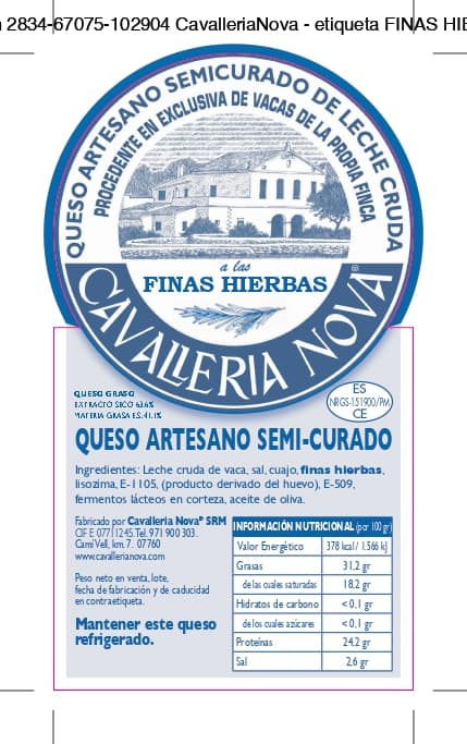 Imagen de la etiqueta del queso semicurado a las finas hierbas.