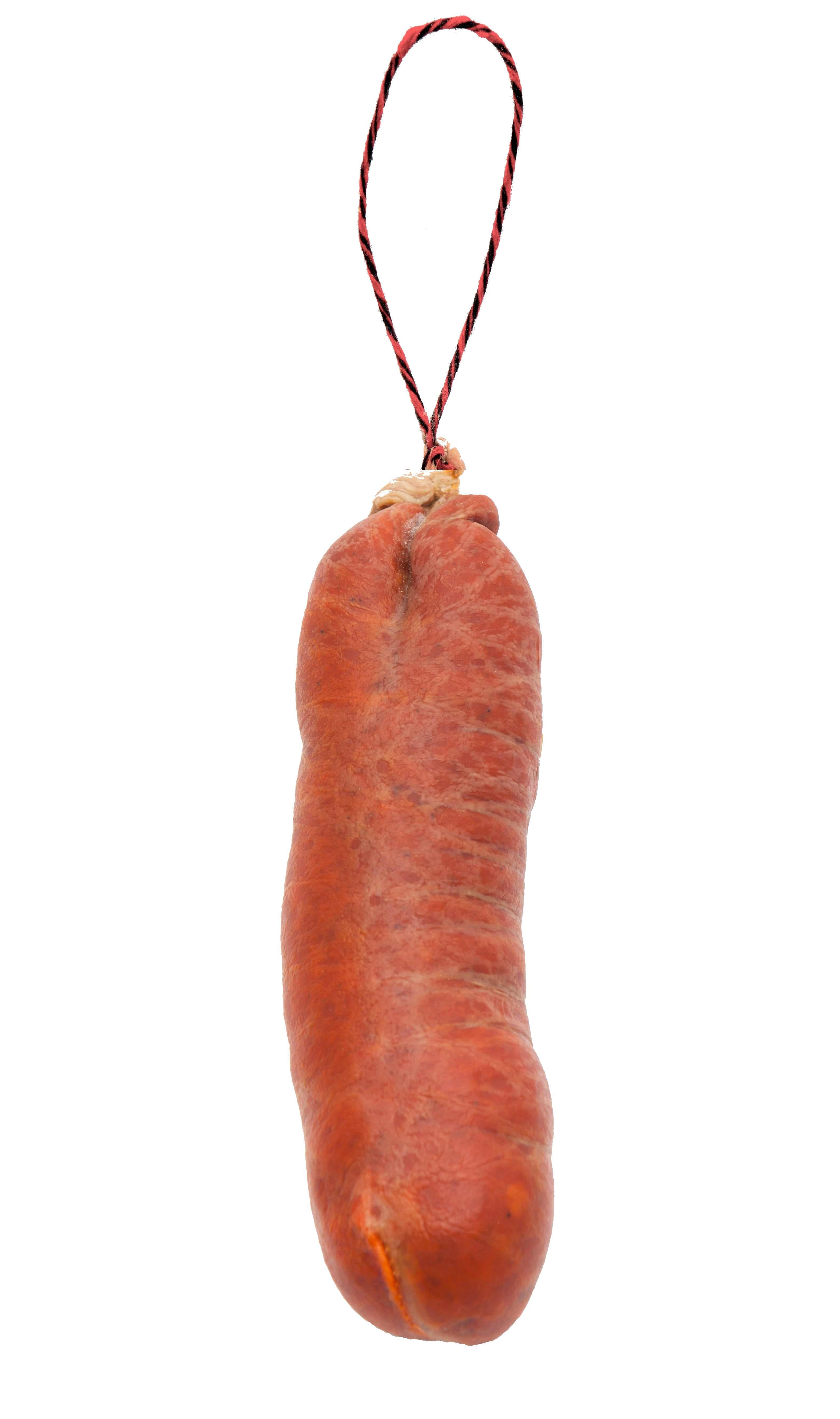 Bild des ganzen Stücks schwarzer Schweinefleisch-Sobrasada von Mallorca, seit 1945 nach Tradition hergestellt und geprocknet. Produkt geschützt vom PGI Sobrasada de Mallorca.