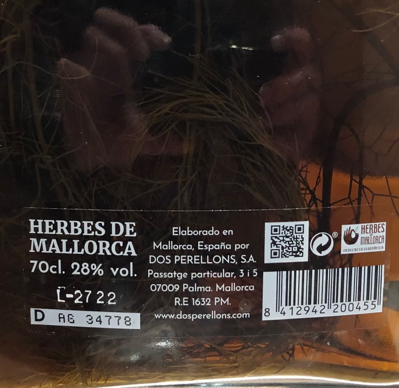 Contra-etiqueta d'Herbes de Mallorca Reserva de la Família Dos Perellons