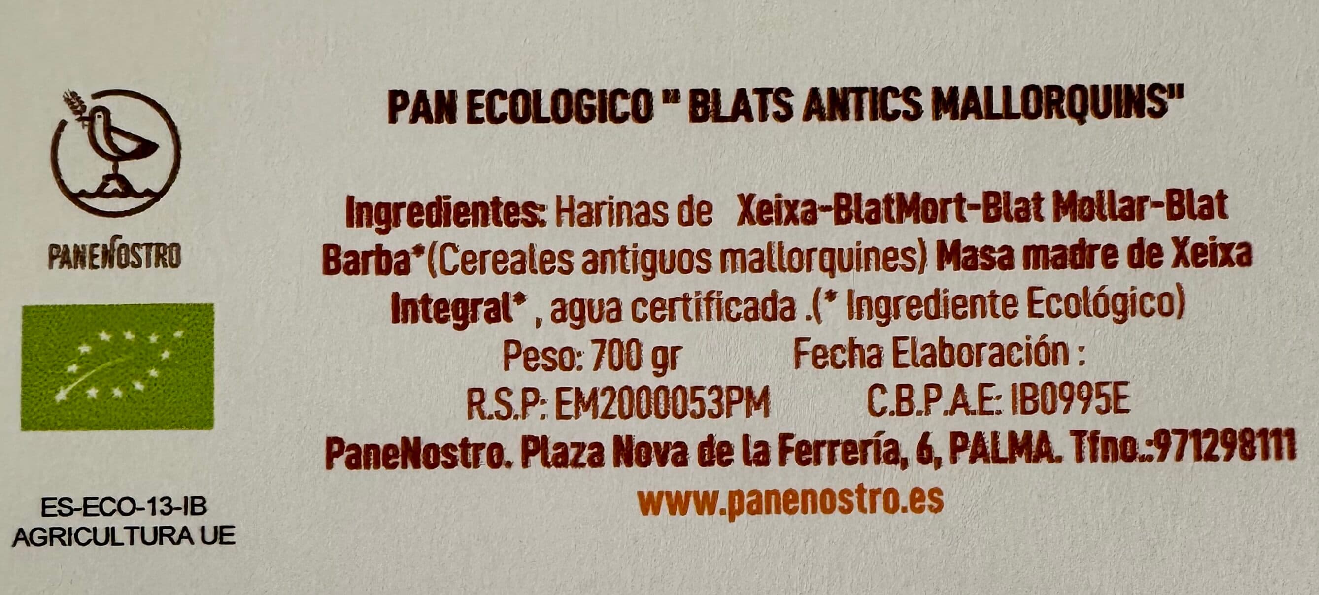 Ingredientes del Pan Blats Antics Mallorquins Panenostro