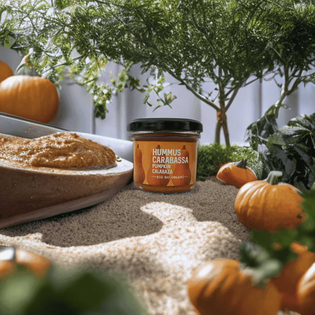 Organic pumpkin hummus. Bottle of 100 grams