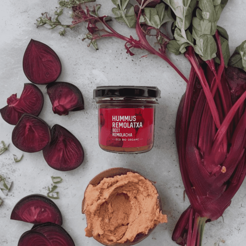 Organic beet hummus. Bottle of 100 grams
