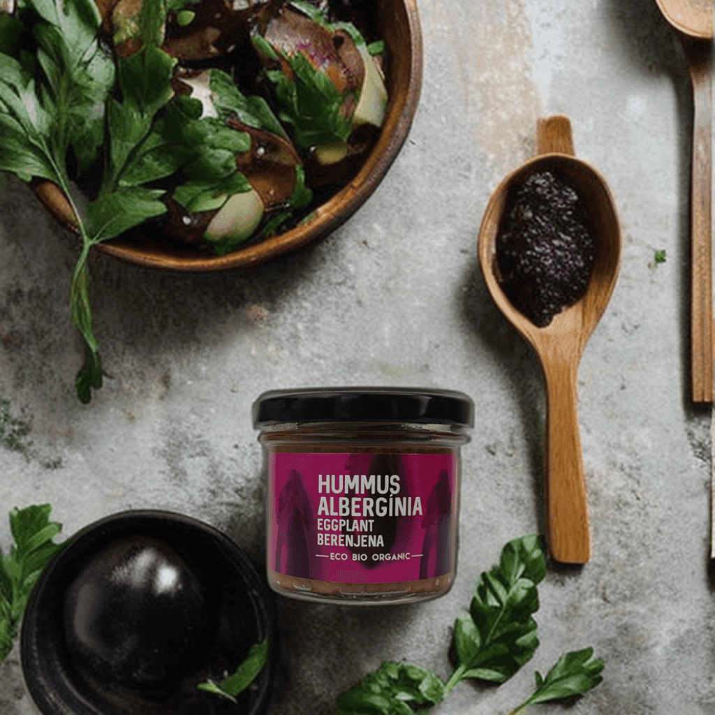Organic eggplant hummus. Bottle of 100 grams