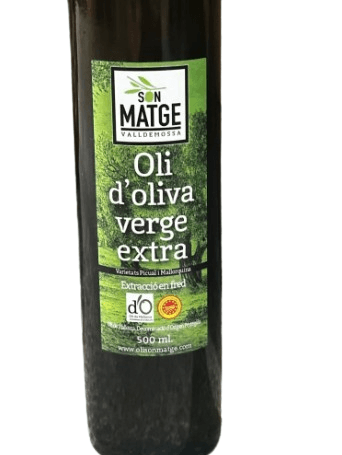 Oli d'Oliva Verge Extra Son Matge 500 ml, DO Oli de Mallorca, extracció en fred i ampolla de vidre fosc per a màxima frescor i qualitat.